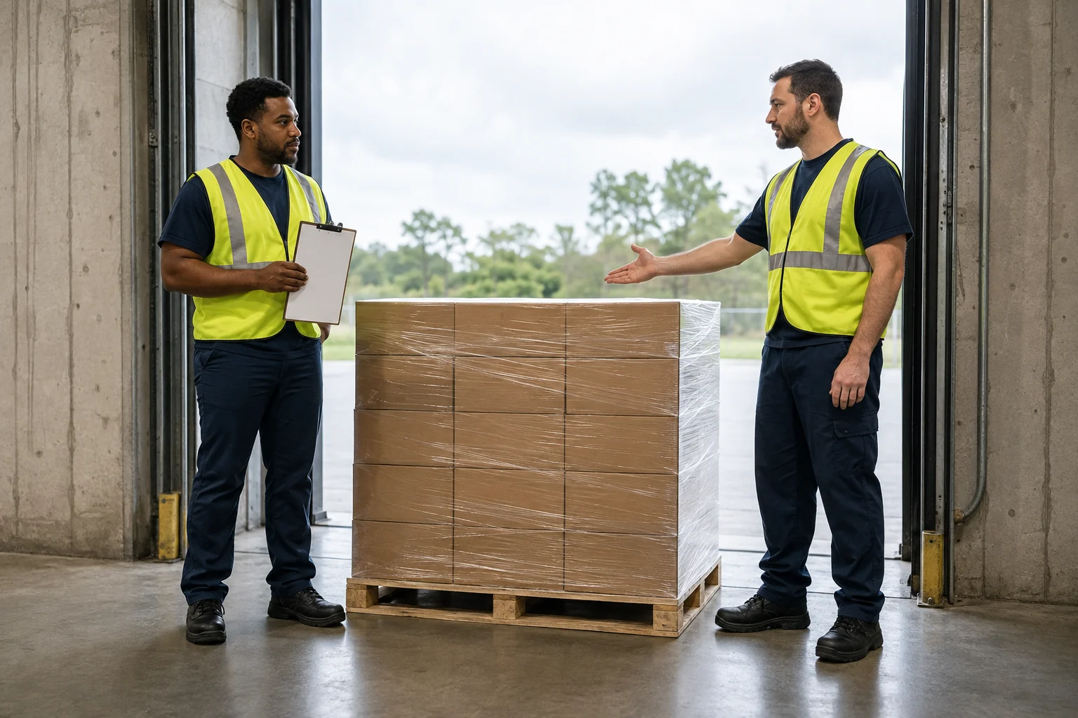 Two warehouse workers discussing one wrapped pallet beside an open dock doorway