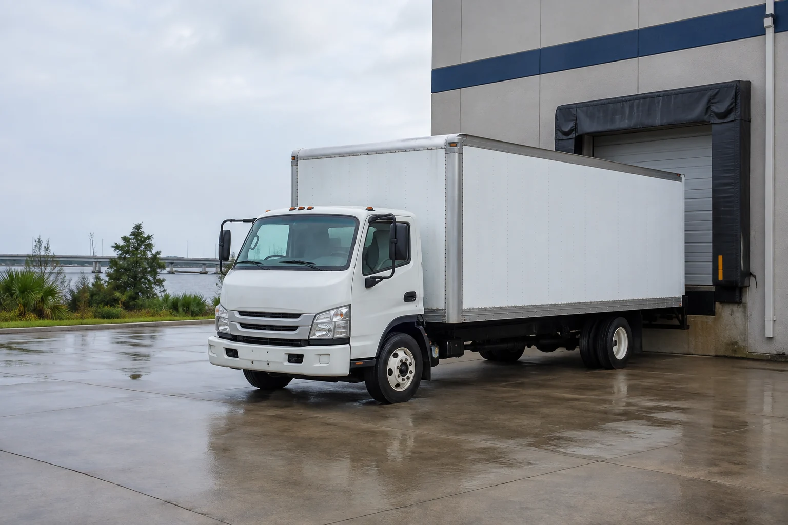 Unbranded white box truck positioned at a warehouse dock in a humid river-city setting