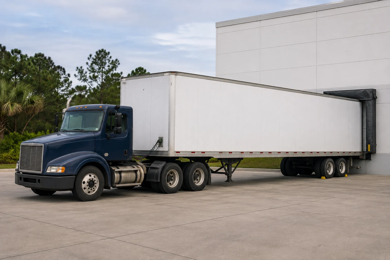 Unbranded navy day-cab tractor and white dry-van trailer at a warehouse dock