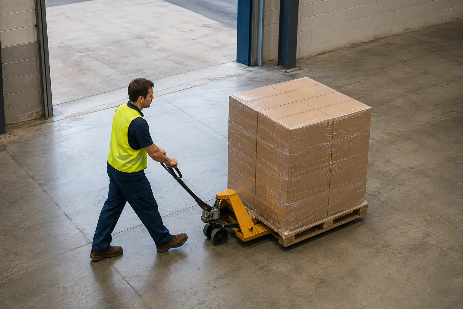 Warehouse worker guiding a manual pallet jack with one wrapped pallet